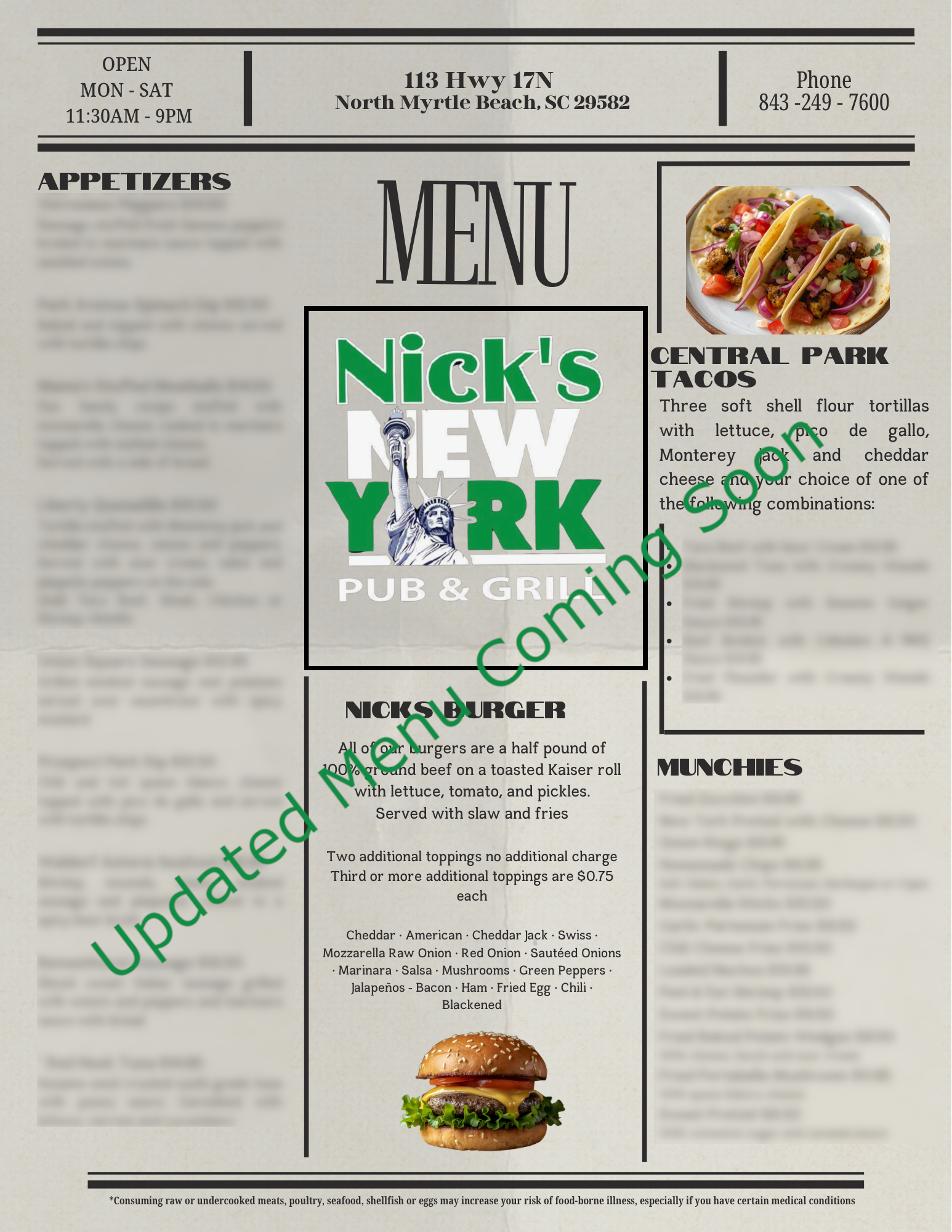 Nick's New York Pub updated menu coming soon